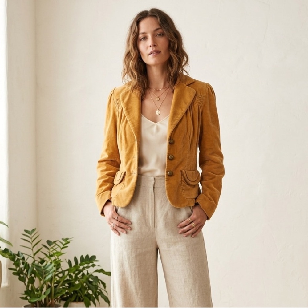 Work To Weekend Tan Corduroy Smocked Back Jacket Size 4 Puff Sleeve Bohemian